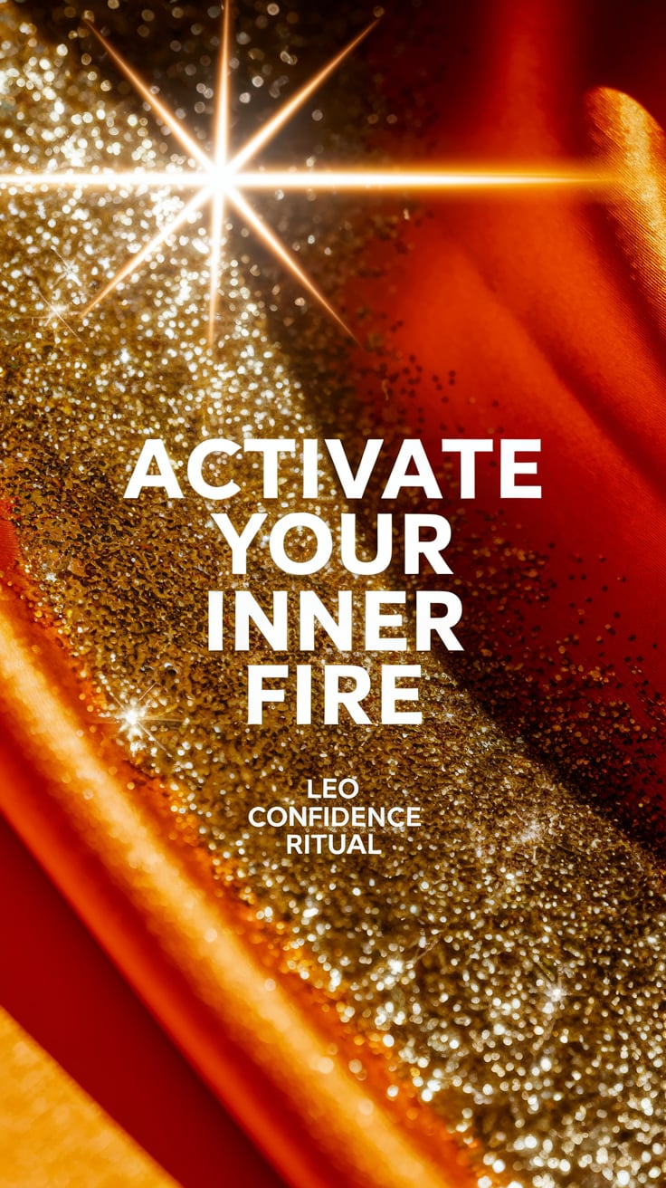 Close-up of gold glitter sprinkled over a bright orange cloth, with sunlight pouring over it, creating a radiant halo. Text: “Activate your inner fire” Smaller: ‘Leo confidence ritual’.