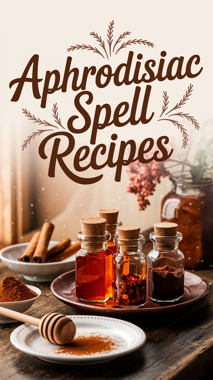 Aphrodisiac Spell Recipes A vintage wooden table holds a cluster of small glass bottles filled with amber honey, chili flakes, and dark cacao powder. A honey dipper rests on a white plate dusted with cinnamon. The background is creamy with natural sunlight filtering in, casting warm glows. Text is a handwritten cursive font in rich brown, large and flowing across the center, framed by faint floral flourishes.