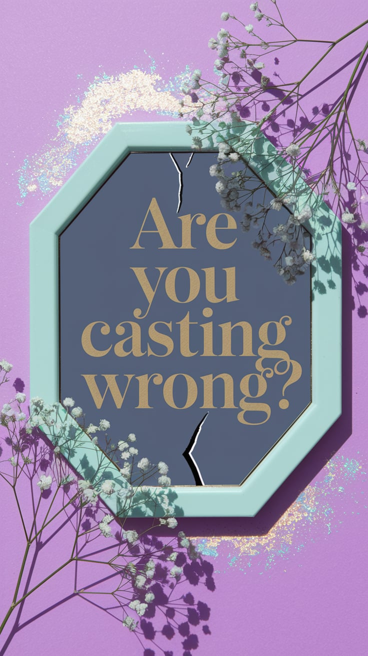 Are You Casting Wrong A pastel mirror lies cracked but still beautiful, framed by baby's breath and shimmering mica flakes. Font is elegant, serif, and gold—centered and sharply in focus with a drop shadow to make it float.