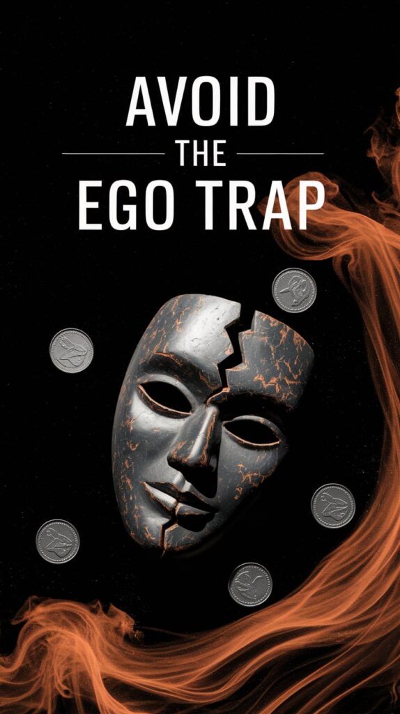 A minimalist image of a mask carved from dark wood, cracked through one eye. It lies flat, surrounded by three scattered coins. The background is deep black velvet, with a hint of rust-orange mist curling upward from the bottom edge. Text is white, narrow, and elegant, centered above the mask.