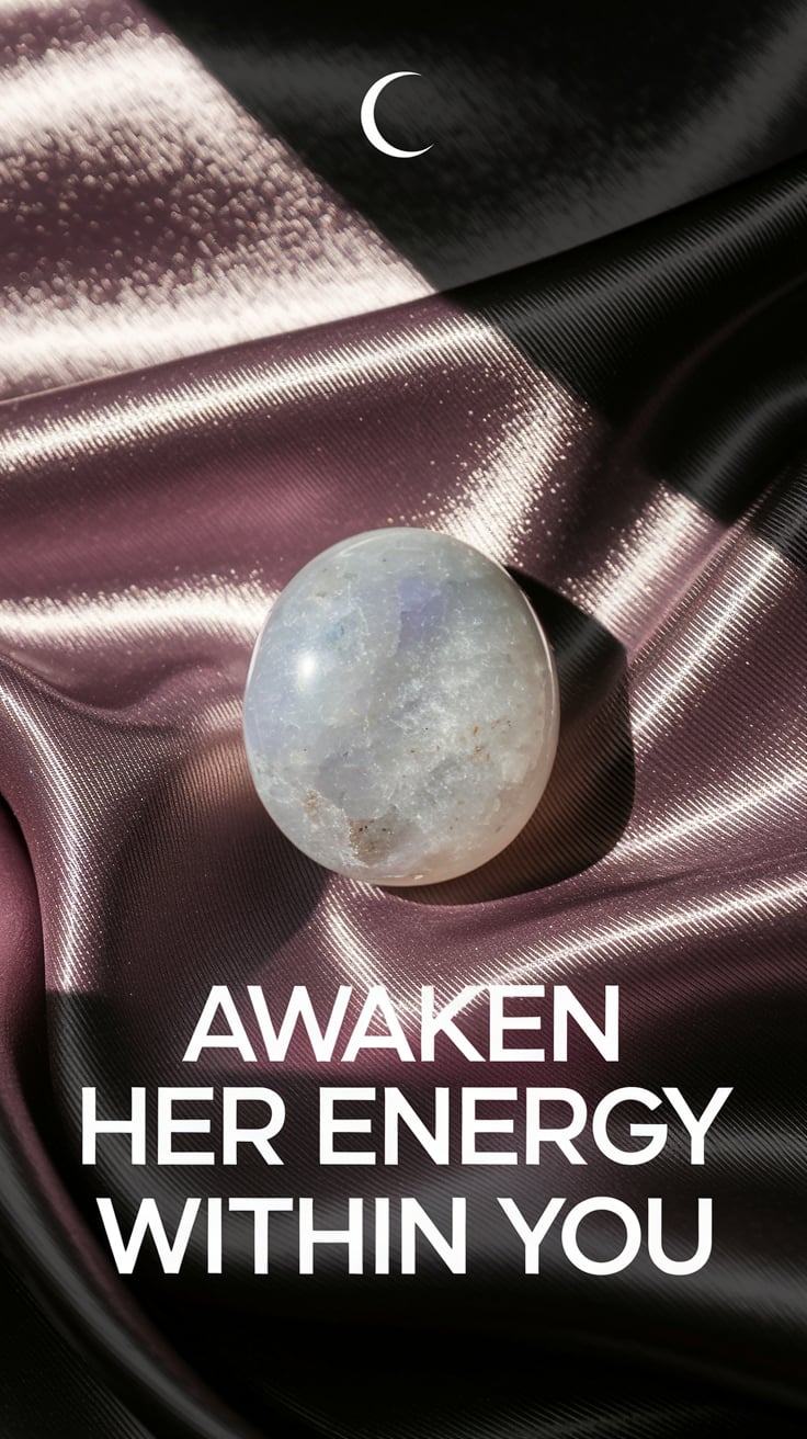 Awaken Her Energy Within You A single moonstone palm stone sits on a silky mauve cloth with a ripple effect, catching a soft white spotlight that makes it gleam. A faint outline of a crescent moon is barely visible in the background. Text is a modern sans serif, huge and white with a hint of pink glow, placed directly below the moonstone.