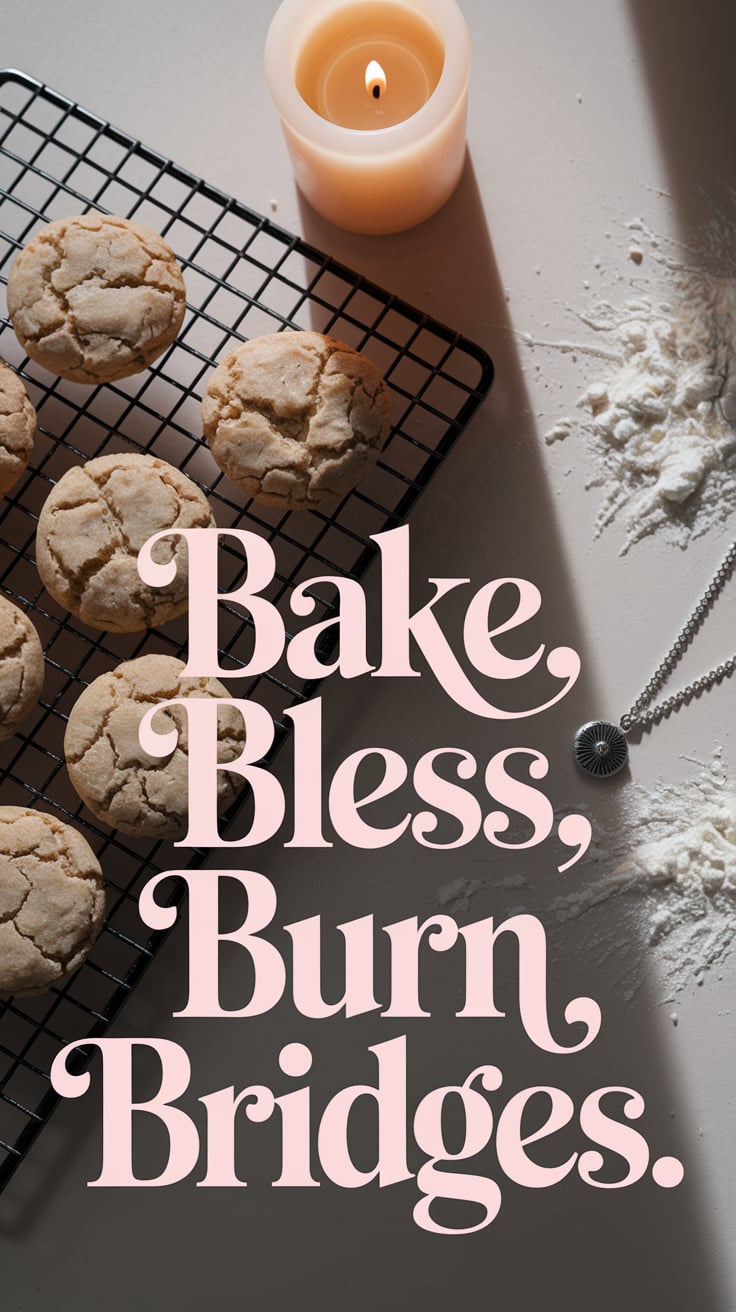 Bake. Bless. Burn Bridges A cooling rack of cookies sits in front of a lit candle. There’s a charm necklace laid beside them, half-buried in flour dust. The image is shot from above, flat lay style, with soft shadows. Font is romantic serif in powdery rose pink, large and center-bottom, blending in just enough to make the words feel like a quiet secret.