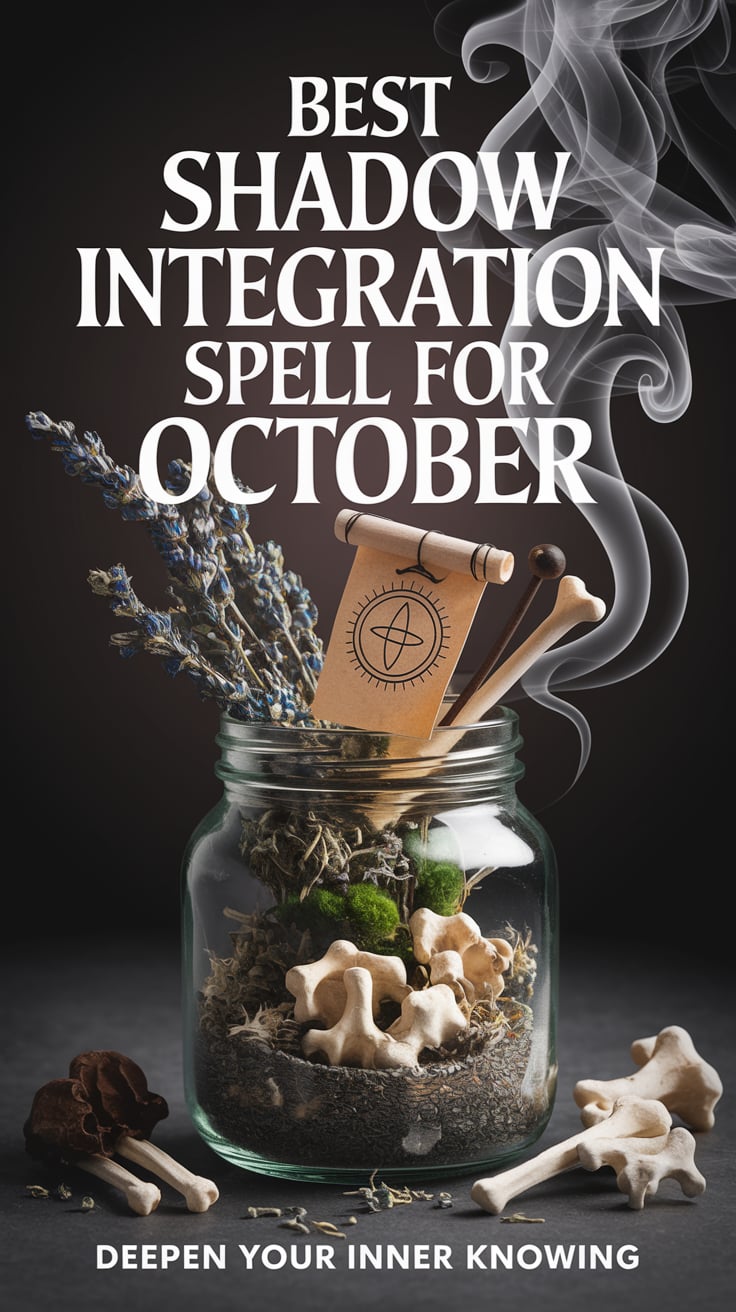 A soft-focused image of a dark glass jar filled with rosemary sprigs, smoky quartz, and a delicate butterfly charm, resting on black velvet with dried leaves scattered around. The main text, in elegant cursive gold lettering, boldly states, “Most Powerful Transformation Jar for October” against a faint candlelit glow. Beneath, a subtle subtitle whispers, “Your guide to sacred transformation and shadow work.”