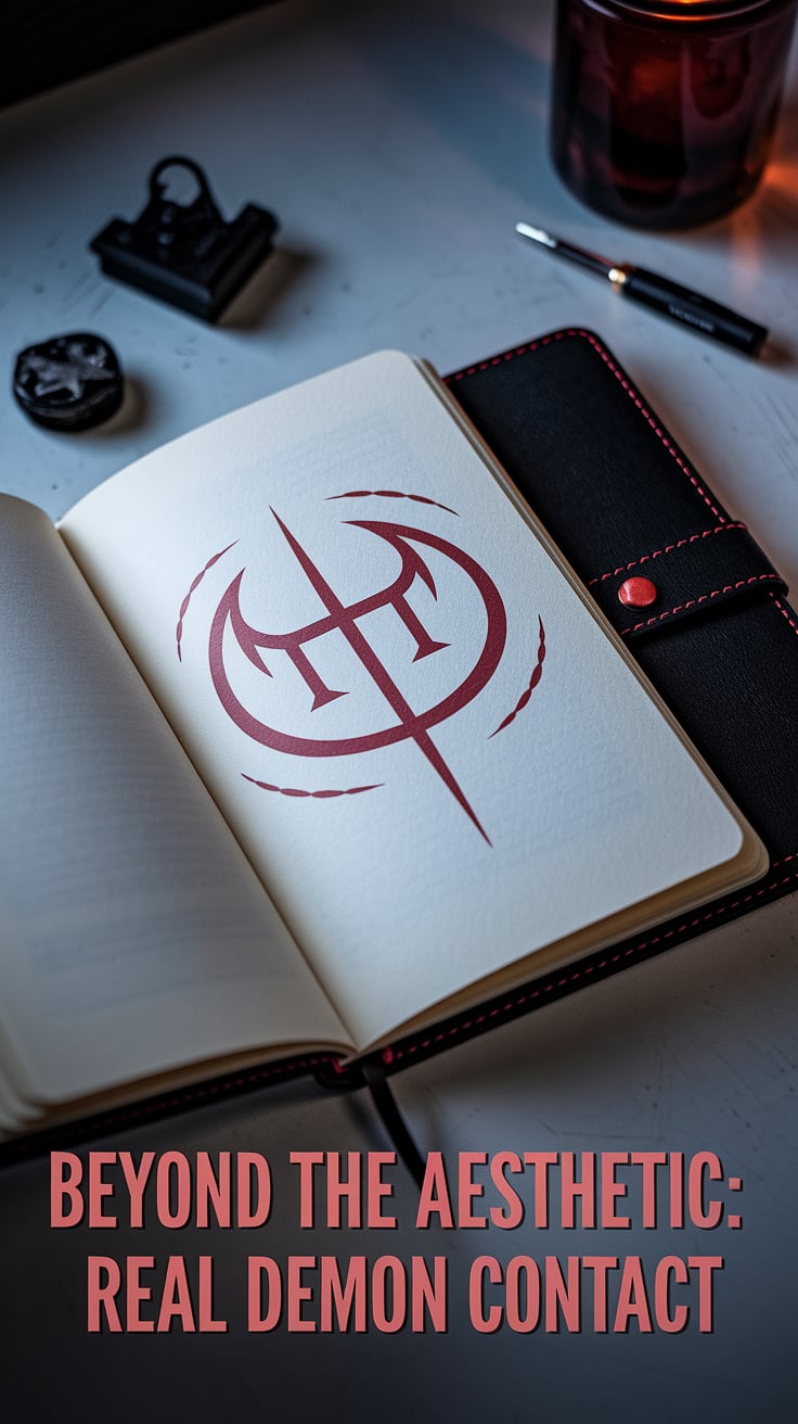 A centered, half-open black journal with red stitching lies flat. On its page: a single sigil drawn in red ink. The journal glows faintly from within, lighting the area just enough to see detail. The text is bold blood red across the bottom, tight and minimalist to contrast the emotional weight of the scene.