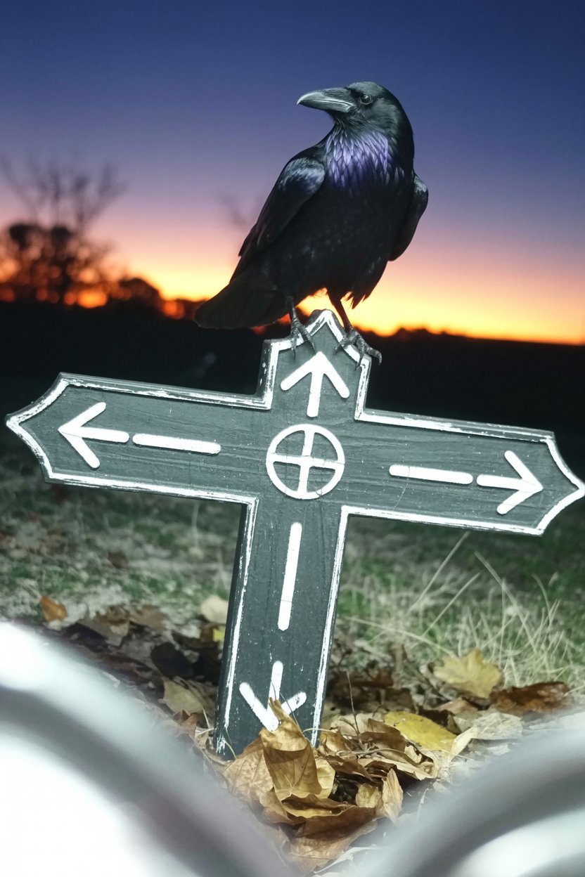 Black raven sits on crossroads sign at sunset choosing one of four directions Glossy black raven with iridescent purple-blue neck feathers perched atop dark gray wooden crossroads sign showing four white arrow directions and center quartered circle. Dramatic sunset behind grades from golden-orange at horizon through coral to deep violet sky. Dry grass and scattered brown oak leaves at base. Ravens read omens, crossroads belong to Hecate and decision points, four directions mirror how house dice point to one life area among twelve, sunset marks liminal time for divination.