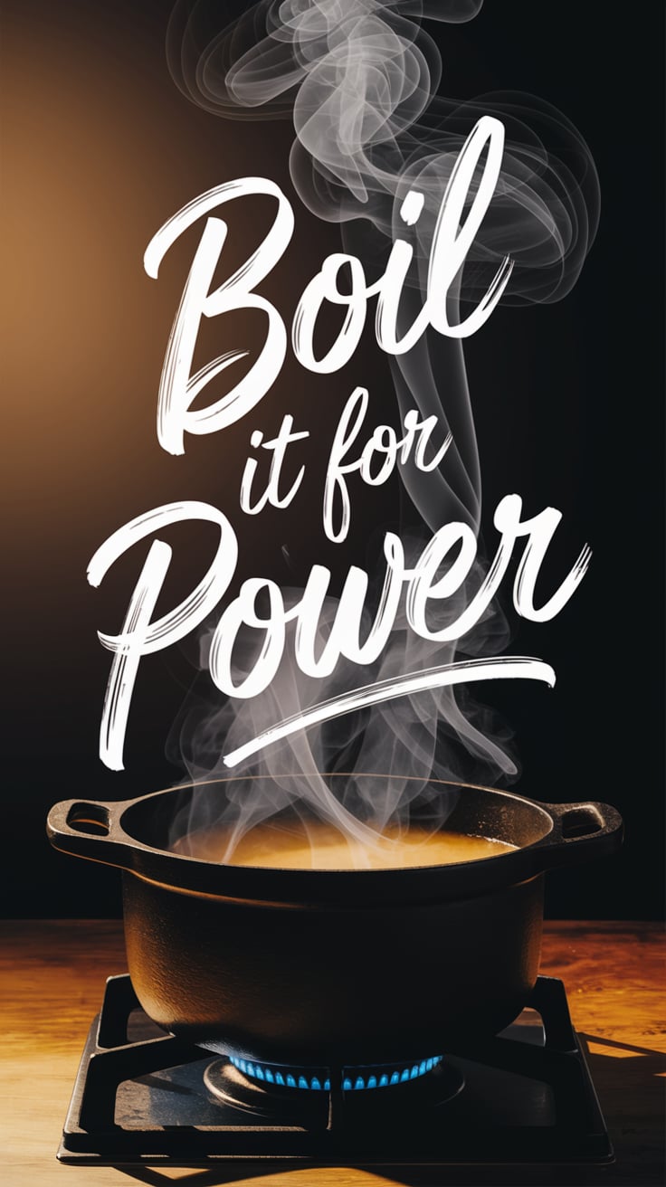 A single cast iron pot simmers gently on a stove. Rising steam swirls like smoke, subtly forming soft spirals and shapes just at the edge of recognition. The setting is low light with a warm, golden hue highlighting the surface of the broth. Text floats boldly above the pot in a handwritten script font—large, uneven, and intentionally imperfect—pure white against the darker, moody backdrop. It feels intimate, dangerous, and strangely sacred.