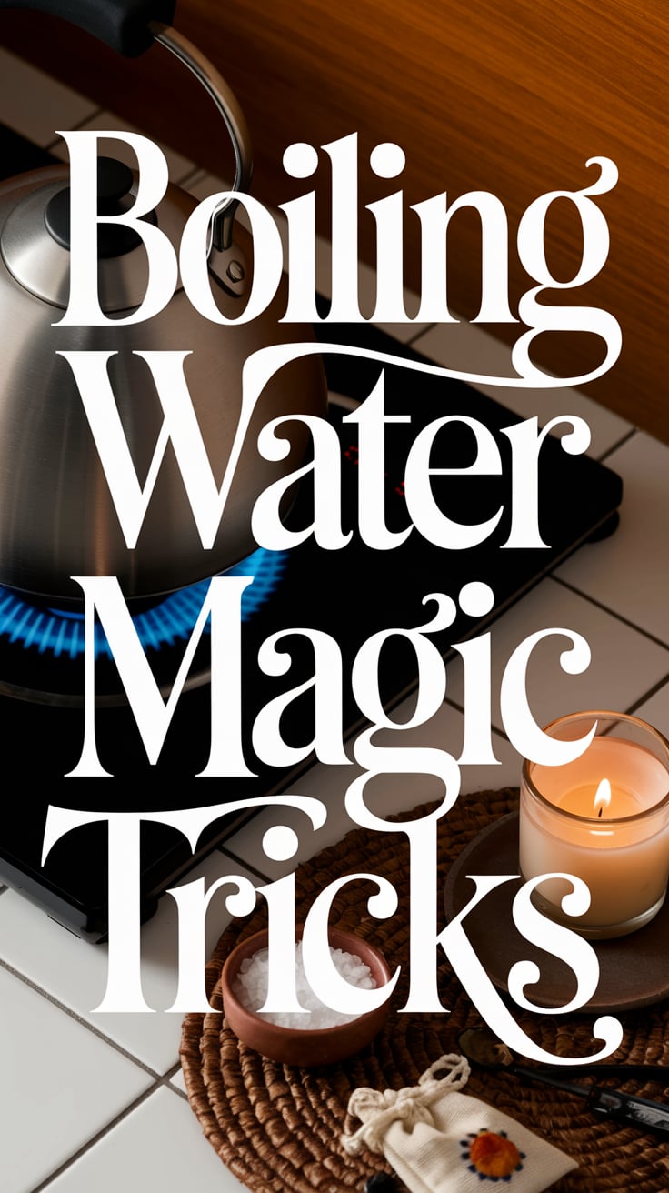 Boiling Water Magic Tricks A top-down shot of a stovetop kettle, boiling. Next to it: a small altar setup with a candle, a bowl of salt, and a charm bag. The background is warm wood and white tile. Overlay text is dainty serif, off-white with a pink outline, sitting in the negative space to the right, huge but elegant.