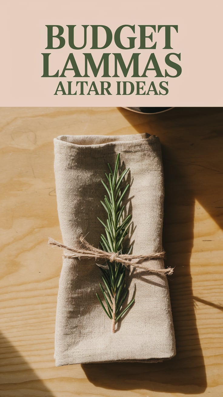 A single sprig of rosemary tied with natural twine lies centered on a softly wrinkled linen napkin. Background is warm beige with faint wood grain. Lighting is soft and diffused from one side. The text appears above in bold, rustic serif, sage green. Clean and simple—this looks like it could live on a kitchen counter.