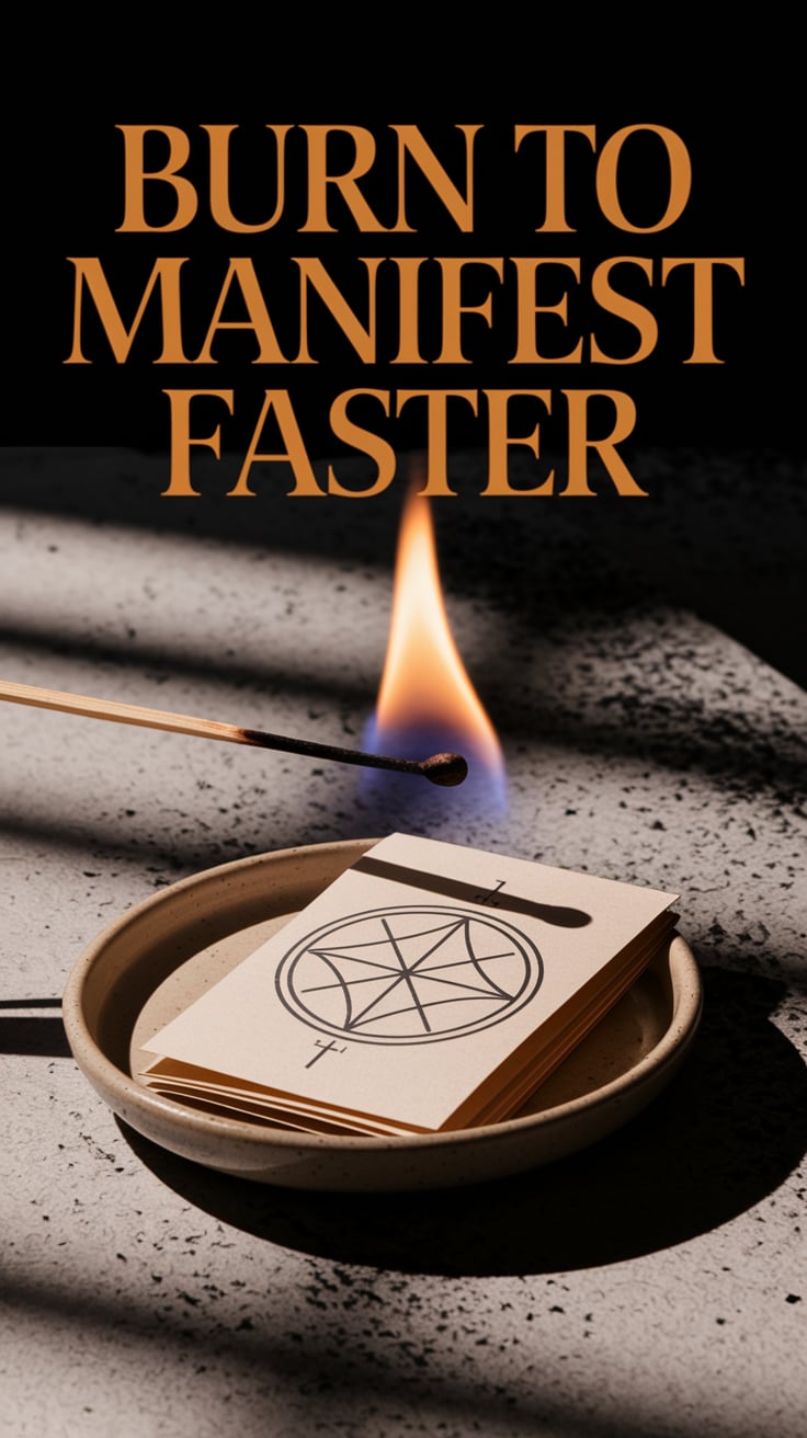 Burn to Manifest Faster A single folded paper with a sigil being lit by a long match. Flame mid-flicker. The paper rests in a ceramic dish on a stone background dusted with ash. Shadows curl upward. Text is in bold serif, upper-case, golden amber, centered at the top with plenty of breathing room.