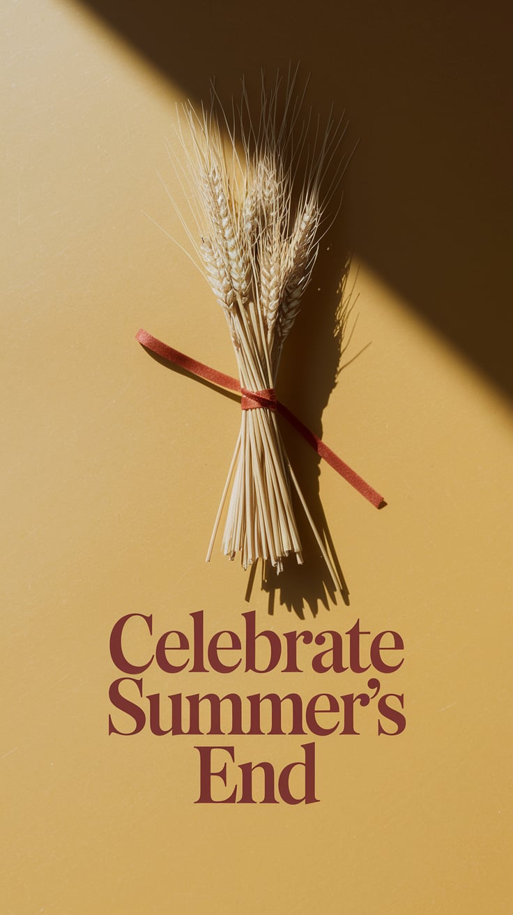 Celebrate Summers End A simple bundle of dried wheat stalks tied with a thin terracotta ribbon stands vertically in the center on a golden-yellow backdrop. Light casts a soft shadow to the right, giving depth. Text in bold serif, colored deep rust, sits just below the stalks, minimal and elegant.