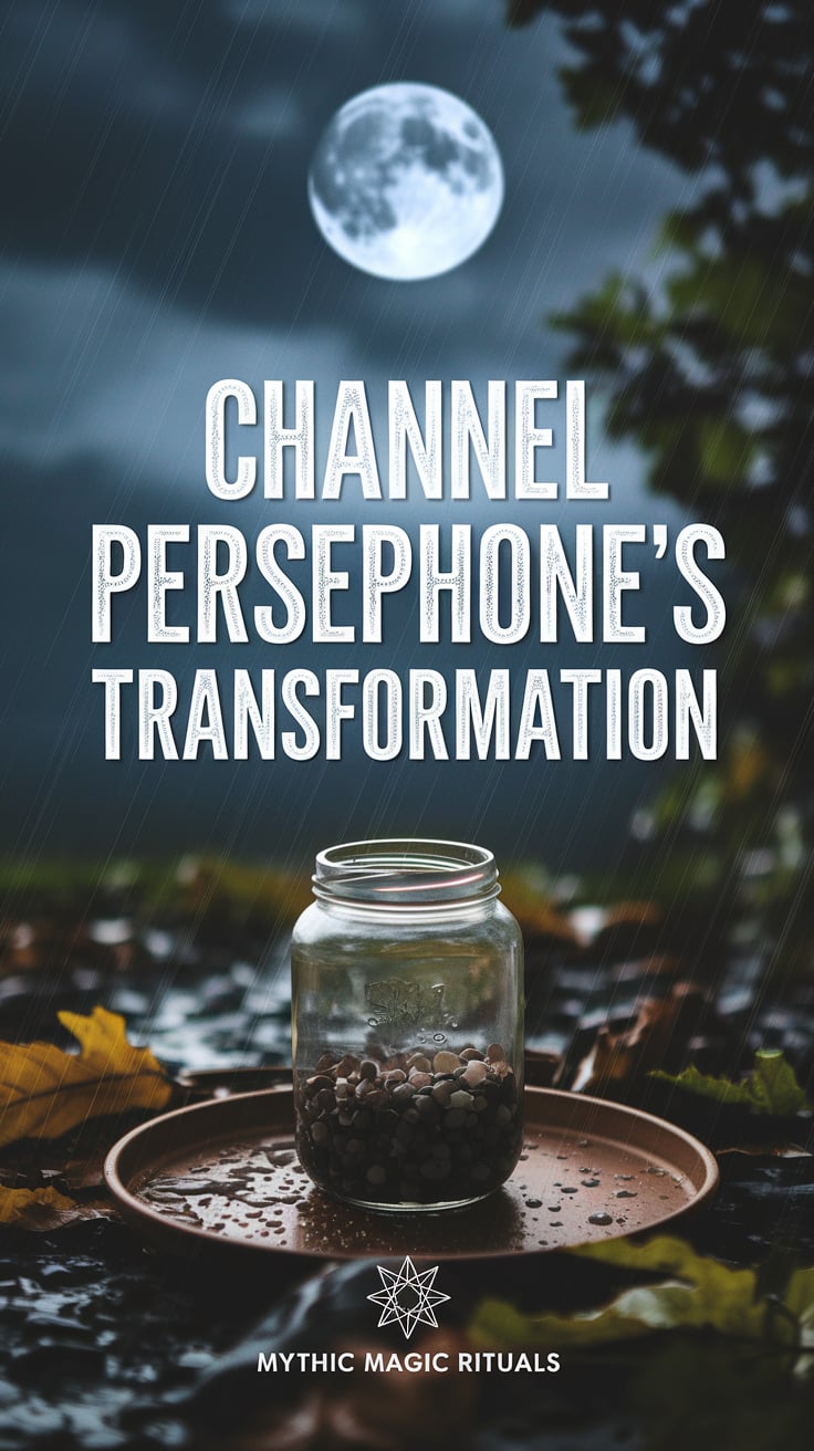 A moonlit scene with a jar resting on an altar, surrounded by storm-dropped rain and leaves. The font is bold, distressed white: "Channel Persephone’s transformation." Small text: “Mythic magic rituals”