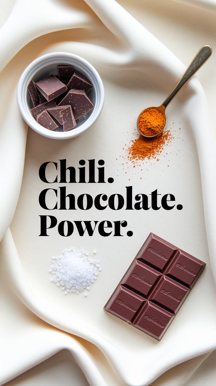 A minimalist flat lay: a small bowl of chopped dark chocolate, a tiny golden spoonful of chili powder, a pinch of salt, and a half-melted bar of 70% chocolate. Everything is arranged on a soft cream cloth with natural folds. The light hits each item perfectly. The text is centered in bold serif, soft gold on white background with high contrast to ensure instant readability.