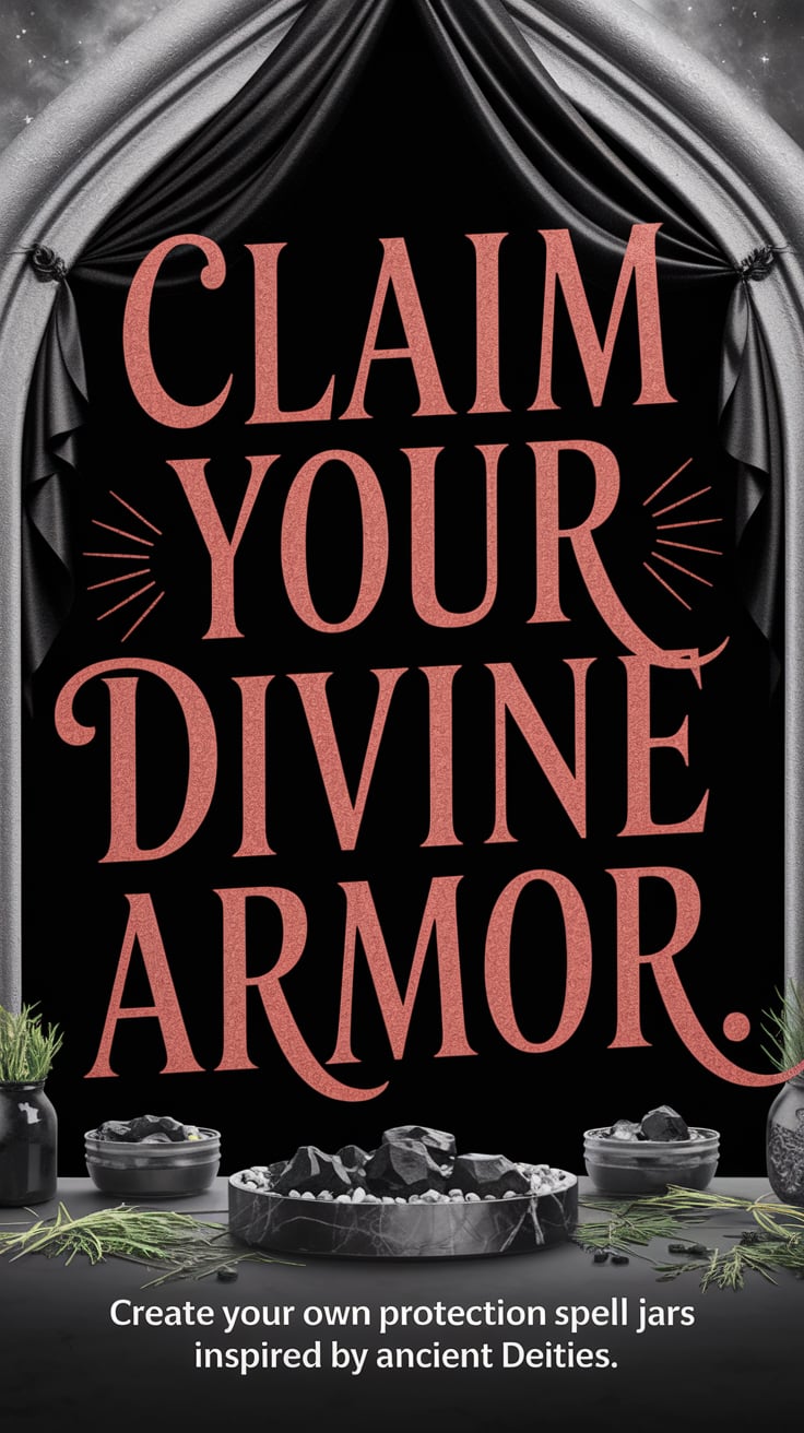 An intimate scene of a black cloth draped over a gothic altar with herbs and obsidian. The main text, in large, fiery red letters, proclaims “Claim your divine armor.” The visual dominance makes it impossible to ignore, pulling the viewer into a world of sacred feminity and fearless power. The design hints that spiritual strength is just a DIY away. The bottom: “Create your own protection spell jars inspired by ancient deities.”