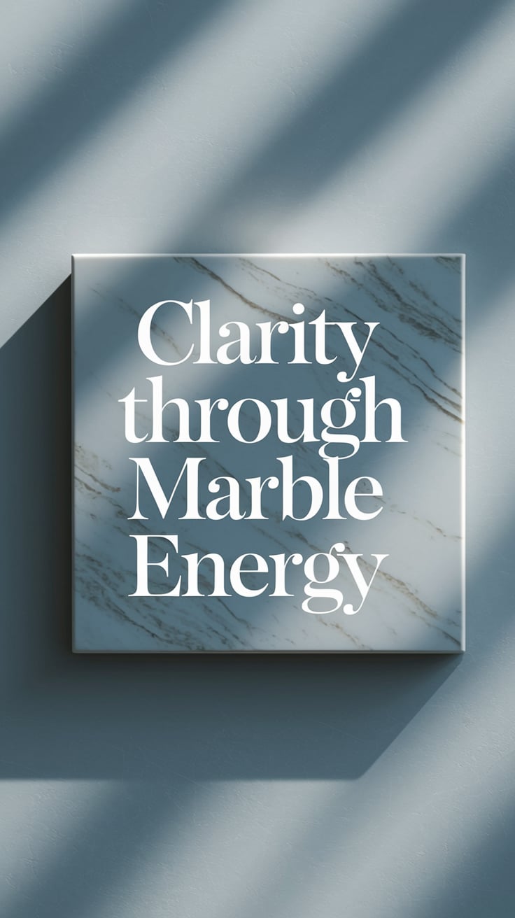 A minimalist image of a flat white marble tile with intricate gray veining, bathed in gentle, diffused pale blue light. The tile lies on a smooth gray background with soft shadows. The text is large, crisp white with pale blue outline, centered over the tile, clear and modern.