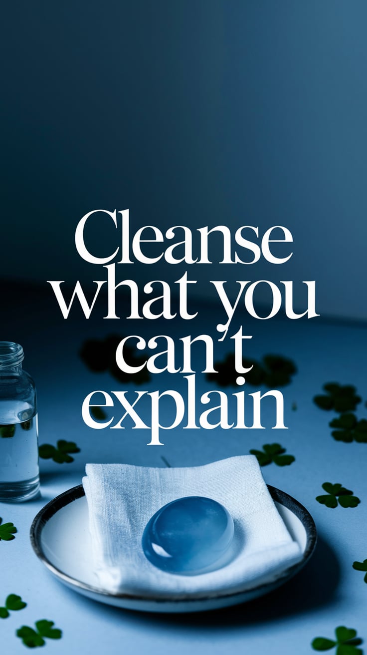 Cleanse What You Cant An overhead shot of a perfectly arranged altar: rainwater in a tiny glass bottle, clover petals scattered like tears, and one polished blue lace agate resting on a white cloth. The background is a moody bluish-grey, and the lighting is soft and overcast. The font is modern serif, spaced wide, in stark whiteโelegant, cold, and deliberate. The composition is too neat to be accidental. It looks like a ritual. Because it is.