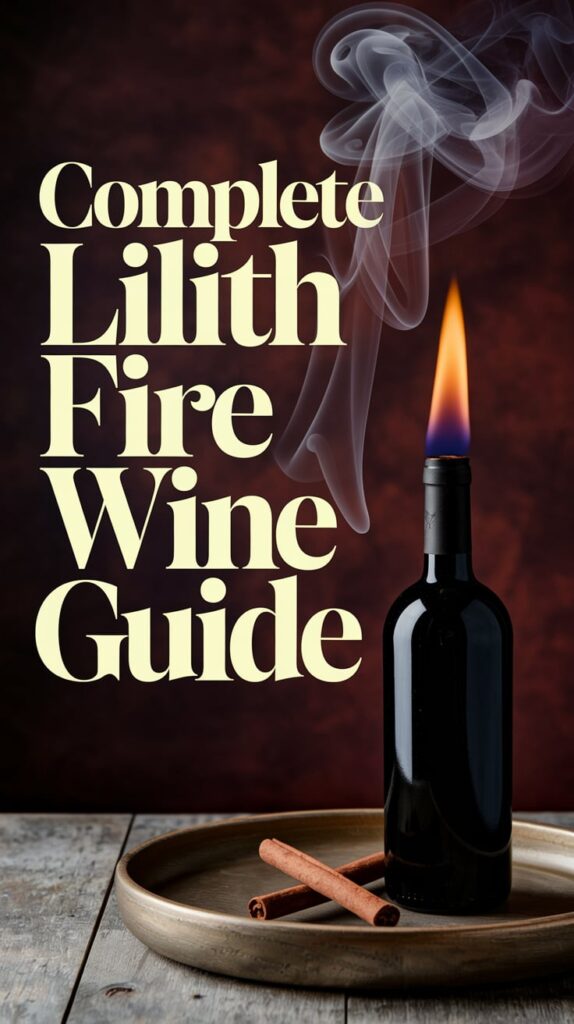 A rustic wooden table holds a dark bottle of spiced wine with a small flame burning gently atop a cinnamon stick resting beside it. Soft cream smoke curls upward against a deep burgundy backdrop. The text is in an elegant, modern serif font, large and spaced out, glowing amber, placed prominently across the top third of the image.