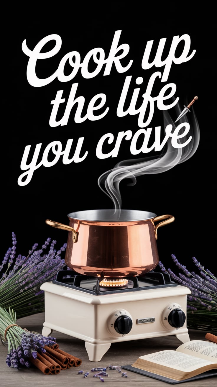 A copper pot on a vintage white stove, glowing gently. A wisp of steam floats upward, shaped like a heart pierced by a tiny dagger. Around the pot: soft bundles of lavender, cinnamon sticks, and a small open spellbook. Blush-pink filter over the image. The text is bold cursive in creamy white with a soft drop shadow, central and whispering.