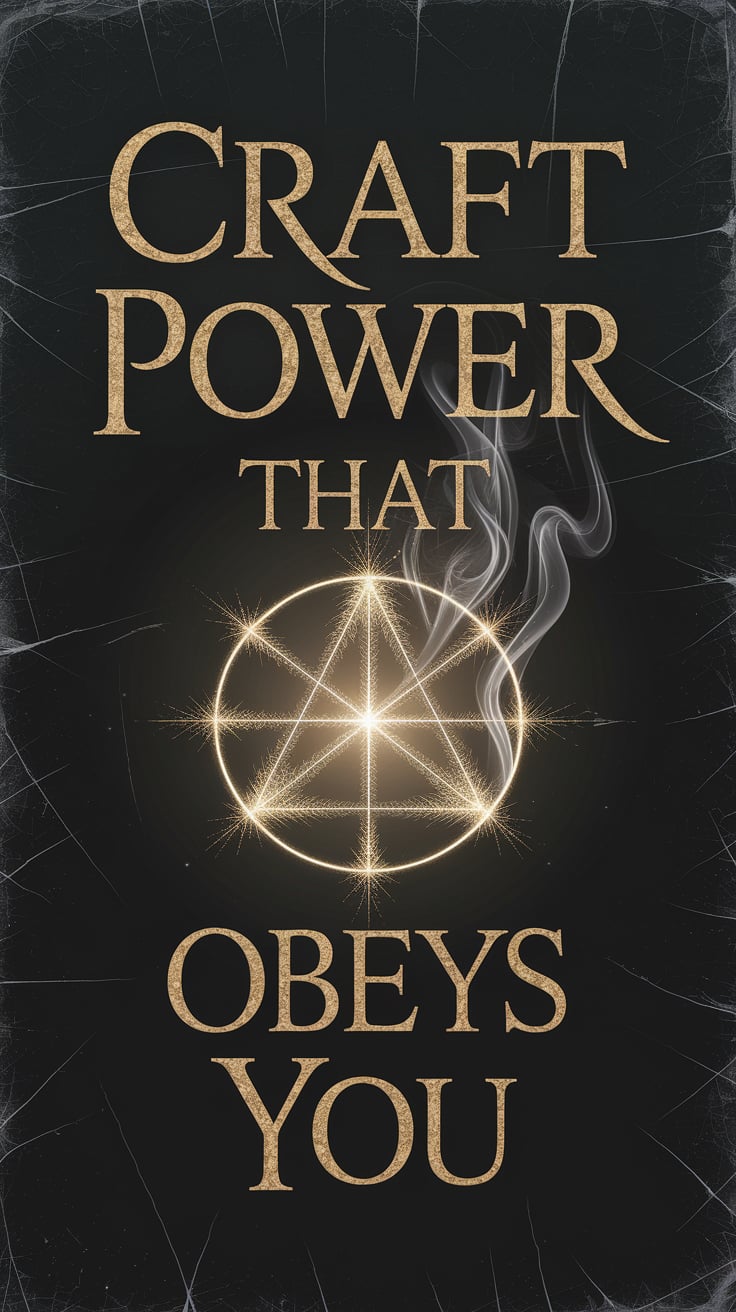 Craft Power That Obeys You A glowing sigil etched into cracked obsidian lies at the center of the frame, softly pulsing with aged gold light. Wisps of smoke rise from the lines like it’s freshly marked. The background is deep matte black with faint grey veining like stone or old paper. The text is large, etched-style serif in aged gold, hovering just above the sigil.