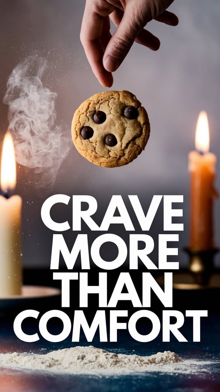 Crave More Than Comfort A warm-toned kitchen scene: wood spoon resting across a mixing bowl, dough still clinging to the sides. In the foreground, a small stack of cookies tied with a sheer ribbon sits next to a torn piece of parchment with ingredients scribbled in red ink. The font is classic typewriter-style, in bold black, centered at the top. This feels cozy—but there’s tension in the mess.