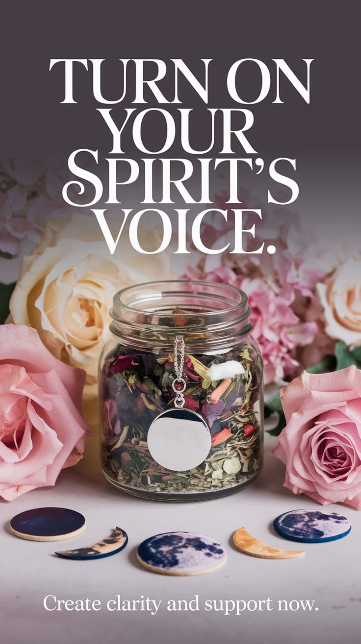 Create clarity and support now A soft-focus image of a guidance jar with layered herbs and a reflective charm, placed among pastel roses and dried moon phases. The dominant text in luminous white reads “Turn On Your Spirit’s Voice.” The message at the bottom: “Create clarity and support now.”
