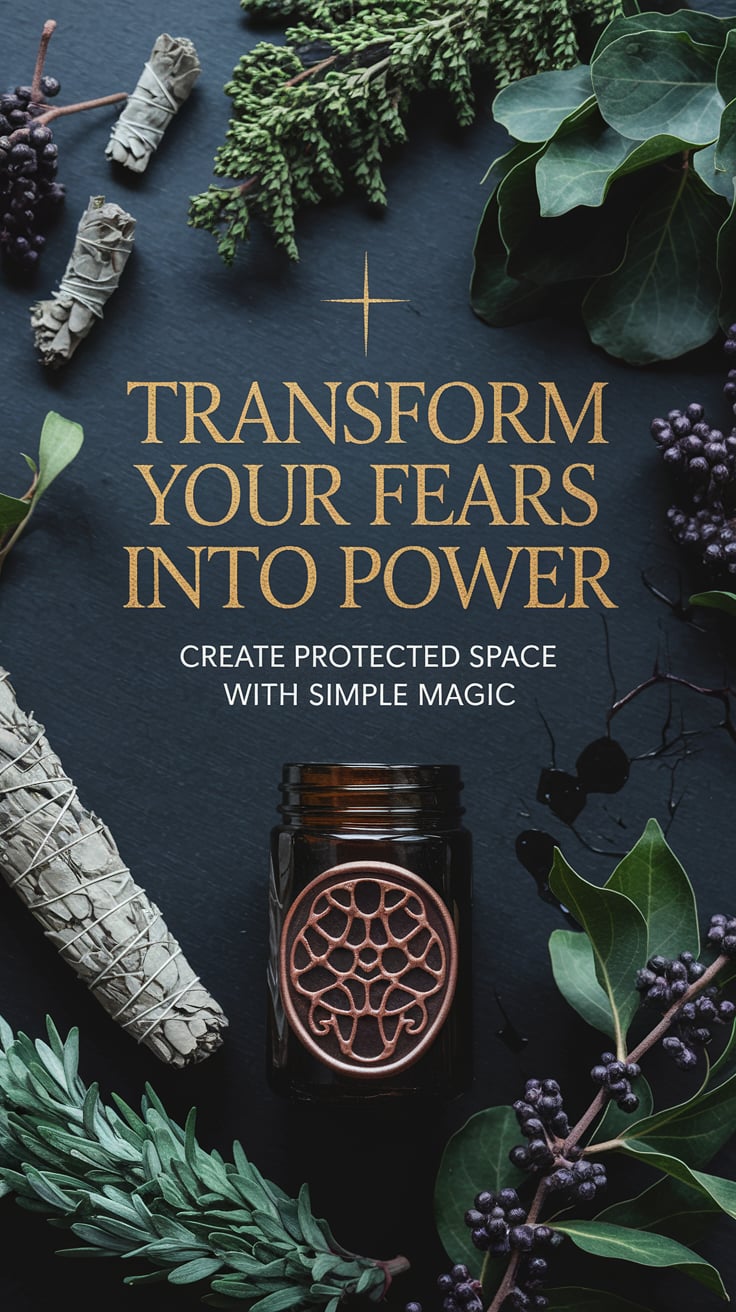 A moody scene of herbs like mugwort, sage, and blackthorn strewn across an inky altar with a small jar sealed with wax sigils of a dark goddess. The big text is in dark gold: “Transform your fears into power” Beneath that: “Create protected space with simple magic”
