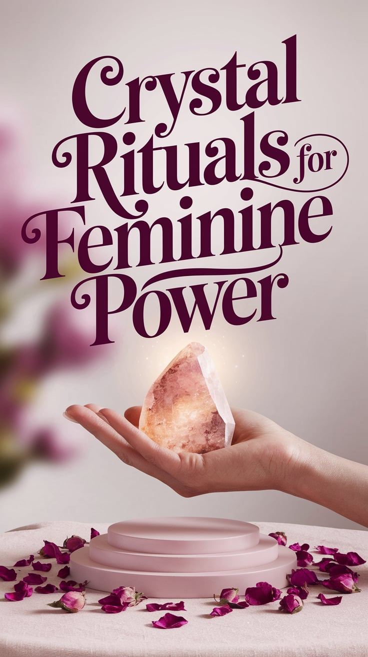 Crystal Rituals for Feminine Power A single hand (elegant, ivory-skinned) holds a glowing piece of rhodonite over a pale blush altar cloth. Dried rose petals are scattered softly around. The background is blurred, focusing only on the stone and the hand. Text is massive, flowing script in mauve, floating above the hand like a whisper.