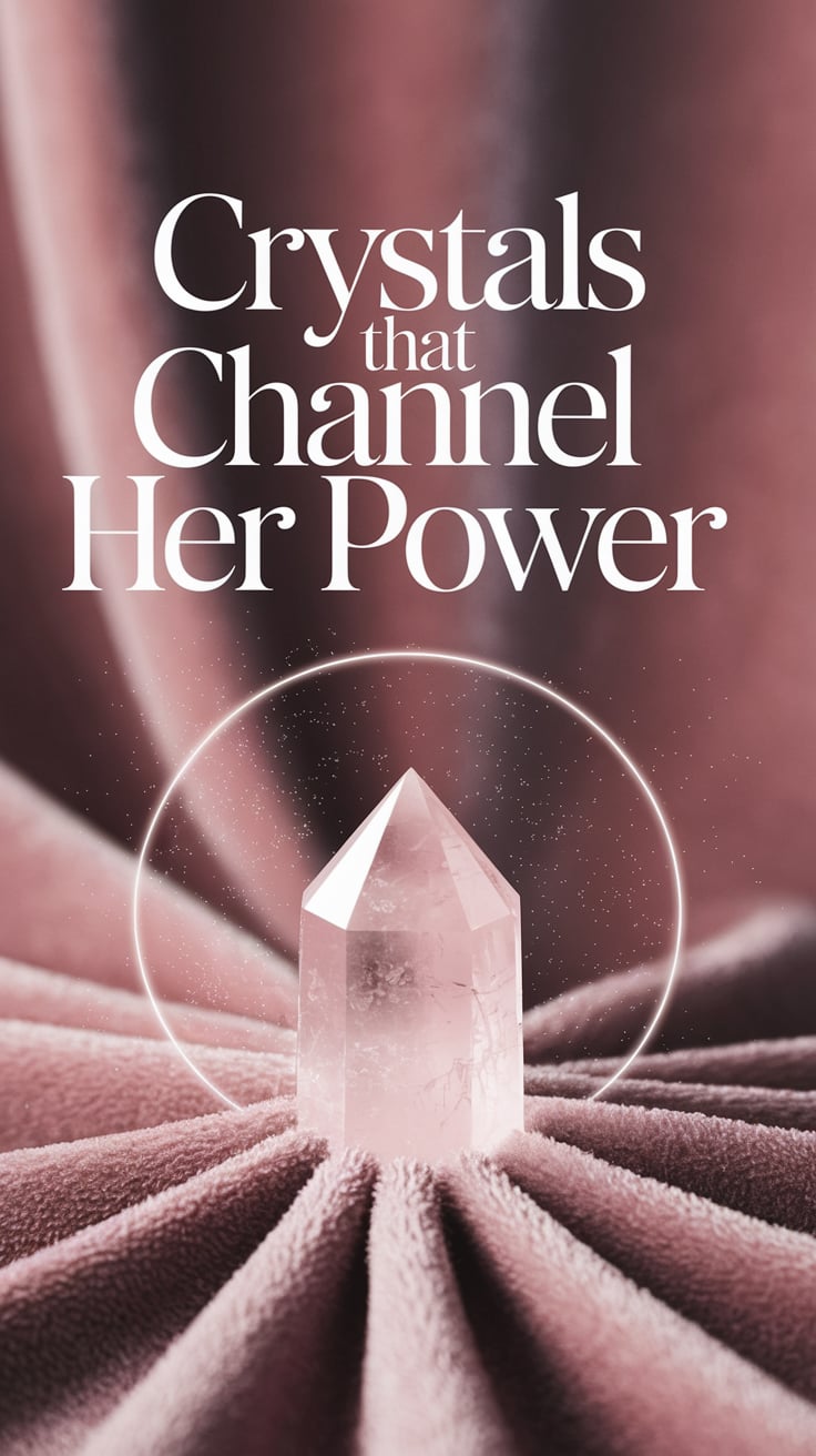 Crystals That Channel Her Power A single rose quartz point glows at the center of a soft blush velvet cloth. A faint ivory-white halo surrounds it, with tiny specks of mauve light floating gently in the air, like suspended petals. The background is smooth and gradient, fading from blush to mauve. Text is delicate serif in ivory white, extra large, placed above the crystal in a soft arc.
