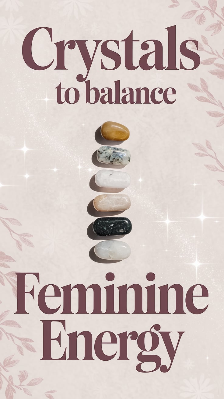 Crystals to Balance Feminine Energy A centered arrangement of five small tumbled stones: rhodonite, lepidolite, garnet, rose quartz, and moonstone. They are aligned vertically in a soft curve, mimicking the shape of a spine or vine. The background is pale blush with subtle floral texture, and soft white sparkles drift near the top. Text is large, elegant serif, mauve with a rose-gold shadow.