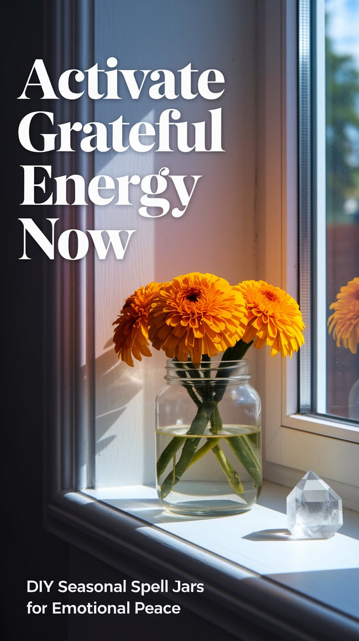 DIY seasonal spell jars for emotional peace A feminine, floral scene with a jar of marigold and quartz on a windowsill, rays of sunlight. Big, contrasted font: “Activate grateful energy now” Subtext: “DIY seasonal spell jars for emotional peace”