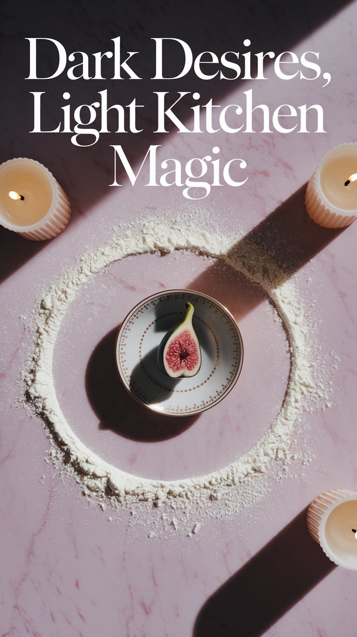 An overhead view of a pink marble countertop: white flour scattered like stardust, a crescent moon traced into it with a finger. In the center: a dainty saucer with a black fig and a bite taken out. Candlelight and shadow dance in the corners. Title text is crisp serif, soft cream color, elegant and centered.