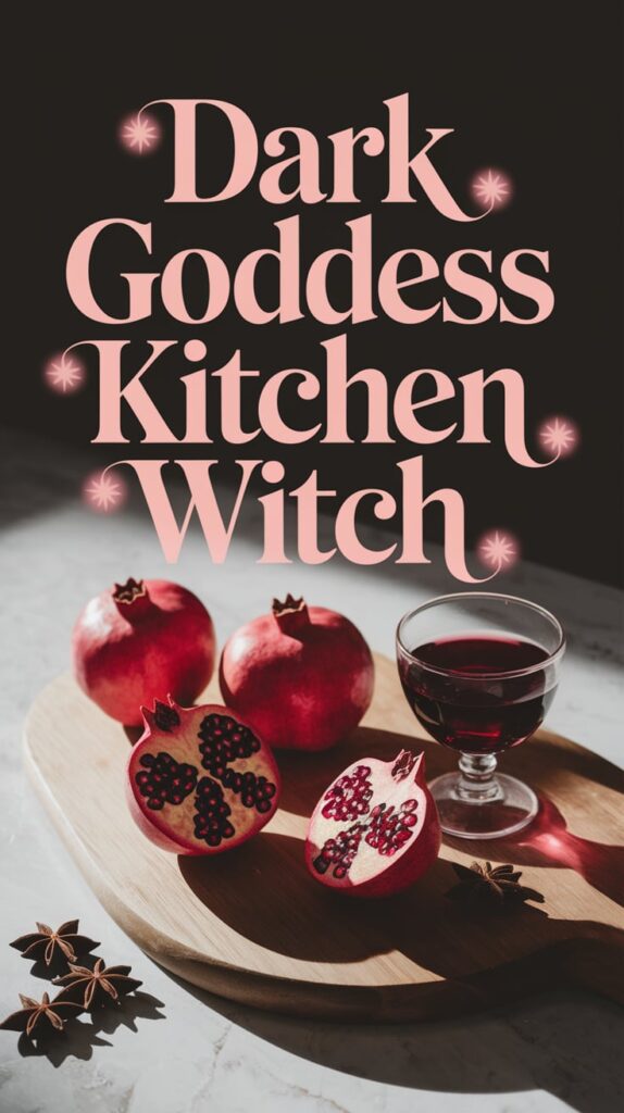 A soft, airy kitchen scene: a wooden cutting board with pomegranate halves, a small glass of red wine catching sunlight, and a scattering of star anise. The overall lighting is warm and inviting. Text is in a feminine serif font, large and spaced out, in blush pink with a gentle glow effect, placed at the top center for instant focus.