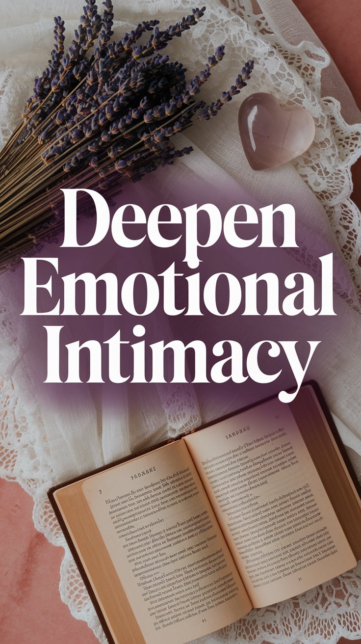 Deepen Emotional Intimacy A softly lit flat lay of dried lavender bundles, a small crystal heart, and an open antique spell book on white lace fabric. The background is washed in warm blush pink. The font is a bold serif with tall ascenders, colored matte muted gold with a subtle drop shadow in dusty lavender, making it float delicately but firmly over the image. Text is centered, enormous, and layered above the soft objects, demanding the eye but blending gently.