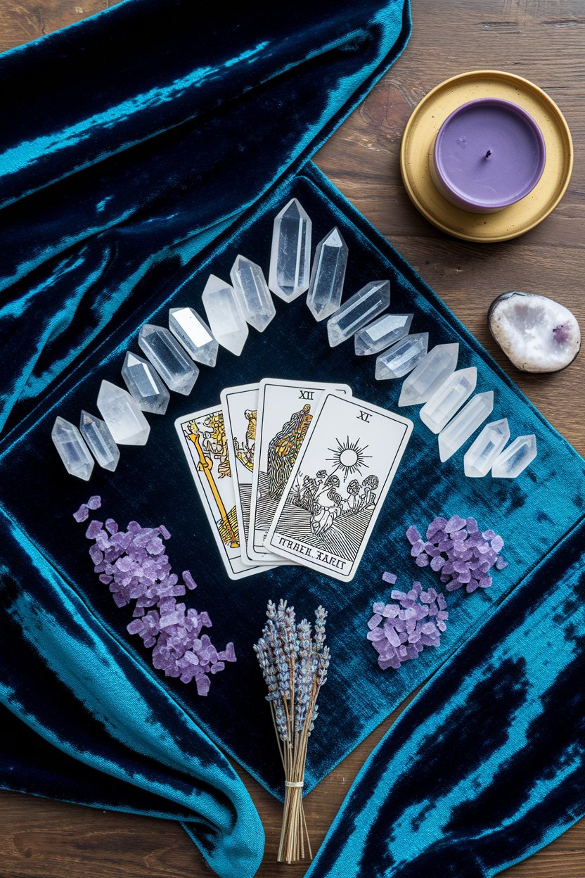 An atmospheric tarot spread specifically designed for finding your witch name, with supporting crystals and lavender on midnight blue fabric illuminated by candlelight.
