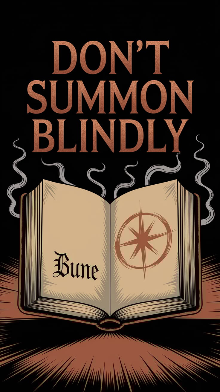 Dont Summon Blindly A single open grimoire sits center with Bune’s sigil drawn in burnt orange ink across one yellowed page. The book is surrounded by shadow, with only a faint spotlight on the symbol. Wisps of smoke curl at the edges. The title text is rust orange, all caps, clean and stark, hovering just above the book’s open center.