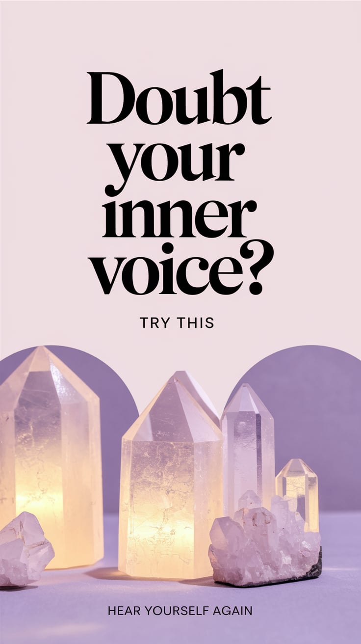 Doubt Your Inner Voice ‘Doubt Your Inner Voice? Try This’ — minimal script, bold and centered, gentle cream with whisper of lavender, soft glow on crystals; bottom caption: ‘Hear yourself again’