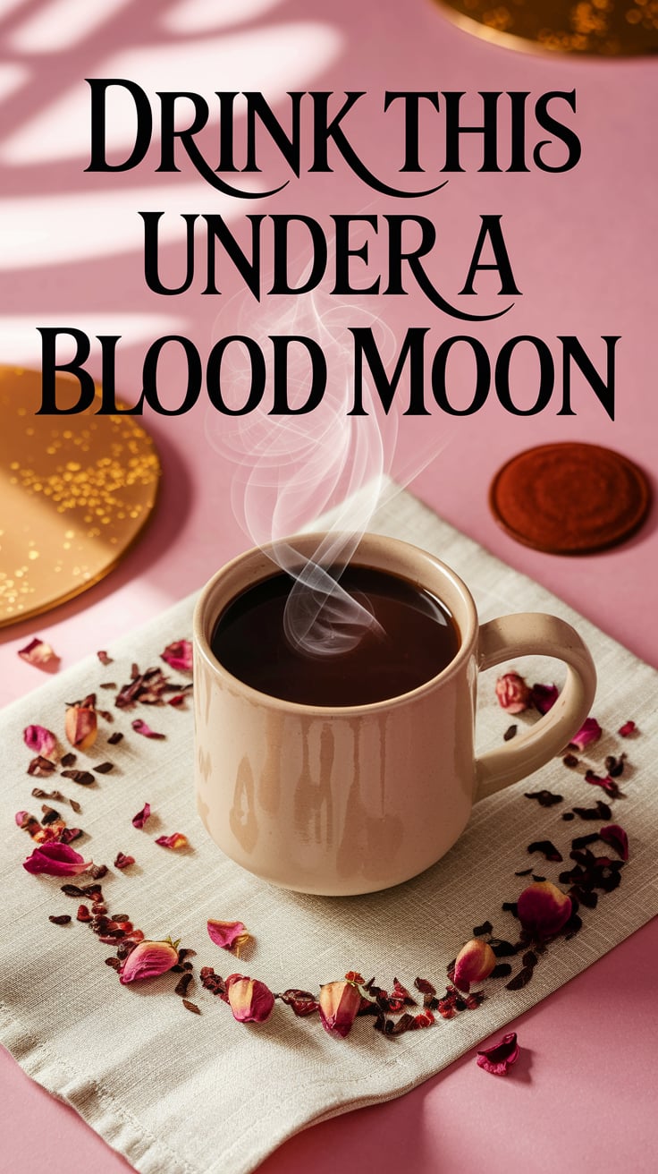 A pale ceramic mug filled with rich, glossy dark chocolate elixir on a soft cream napkin. Steam curls like crescent moons. Dried rose petals and chili flakes encircle the mug. The background glows with soft pink and gold light.