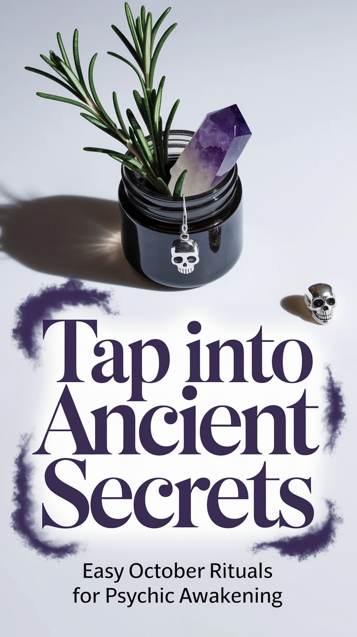 A sleek white surface with a jar containing rosemary sprigs, an amethyst, and a tiny skull charm. The words in large, deep indigo serif: "Tap into ancient secrets" with a shadowy aura around the letters. Smaller text: "Easy October rituals for psychic awakening" — enticing discovery and hidden knowledge.