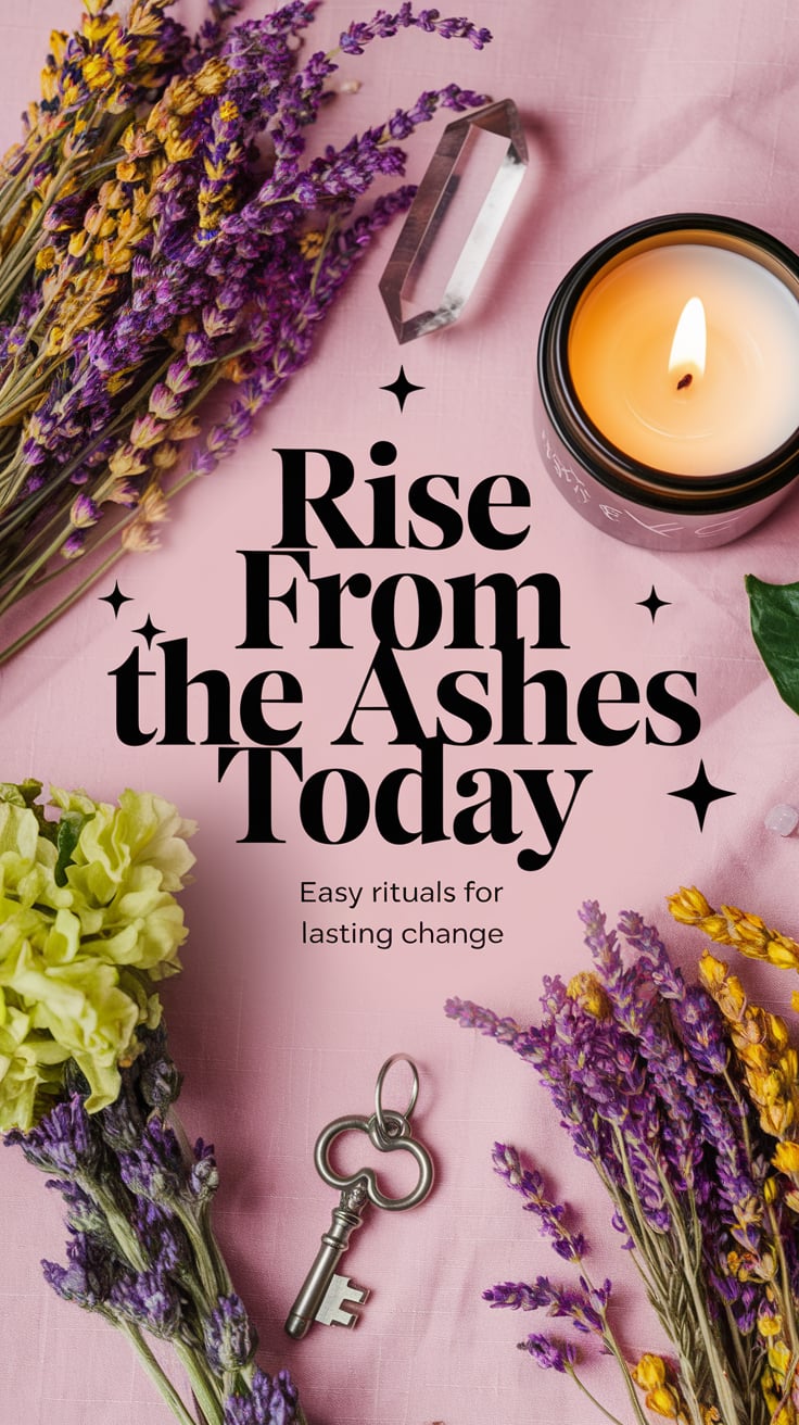 An elegant flat lay of colorful dried herbs, a flickering candle, a small crystal, and a key charm on a pink cloth. Bright, fresh vibes. The dominant text: “Rise From the Ashes Today”. Smaller: “Easy Rituals for Lasting Change”
