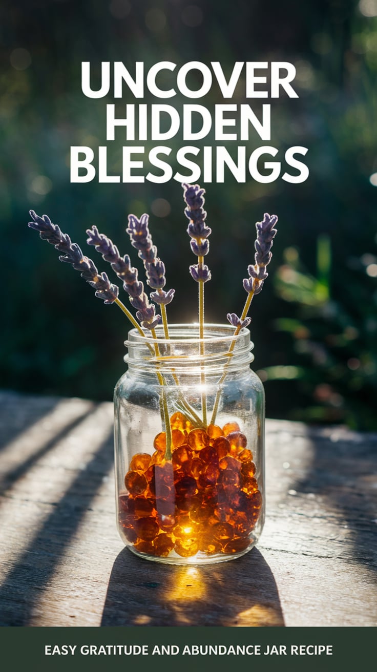 Easy gratitude and abundance jar recipe A natural setting with the jar, amber, lavender, and sunflower seed, softly glowing in sunlight. Shadows hint at unseen power. Text: “Uncover hidden blessings” Smaller at the bottom: ‘Easy gratitude and abundance jar recipe’.