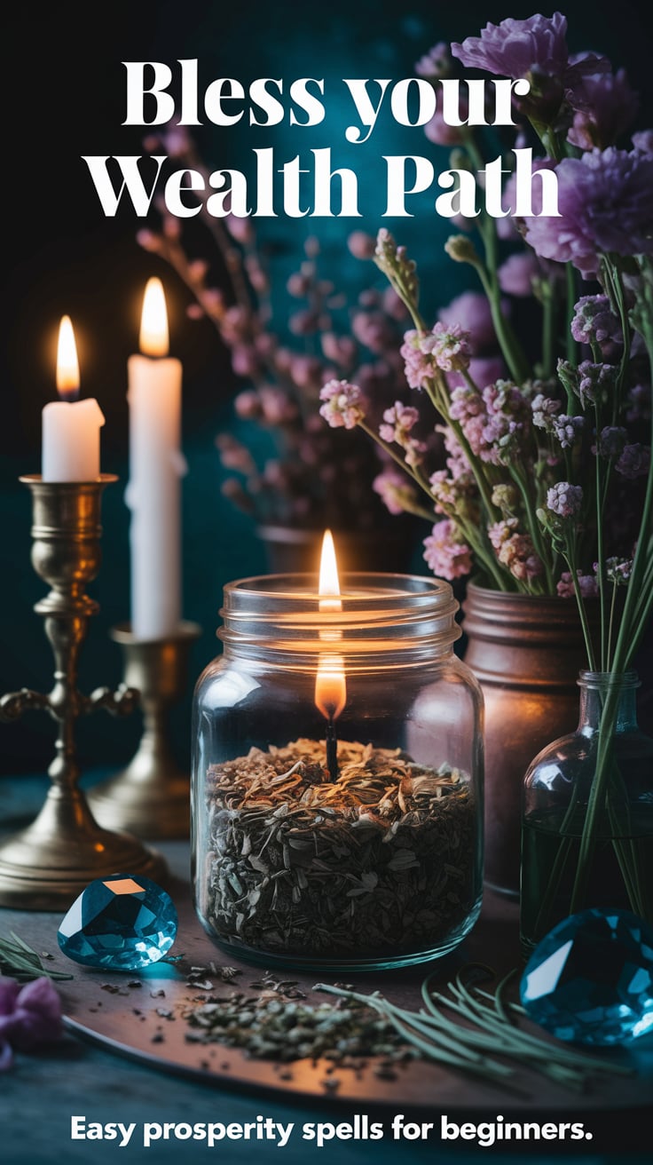 A mysterious, mystical corner with a jar illuminated by candlelight, herbs, and a gemstone. The main text: "Bless Your Wealth Path." Small text: “Easy prosperity spells for beginners.”