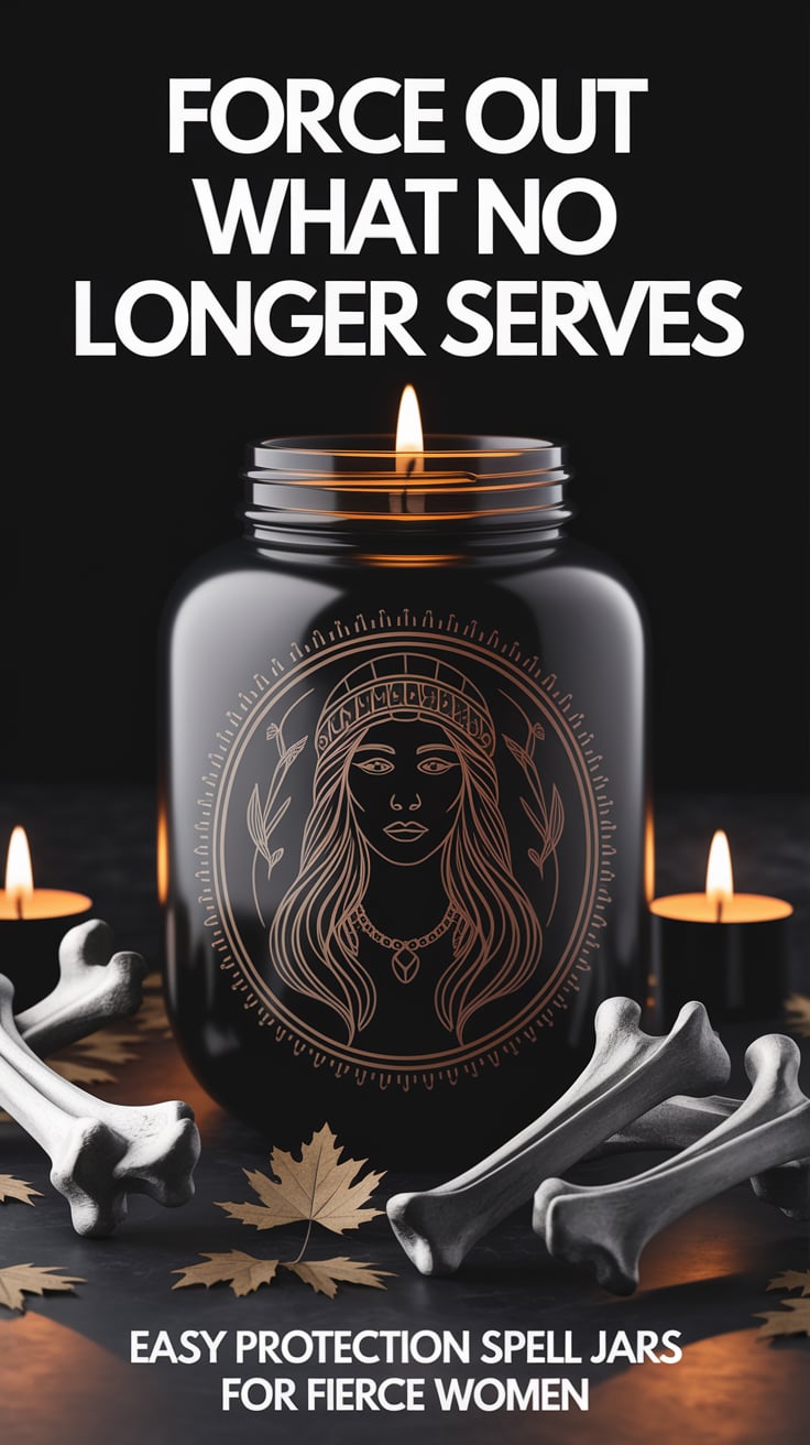 A sleek black vessel with carved etchings of Hekate or Morrigan, surrounded by dried bones and fallen leaves, all softly lit by candlelight. The large text in white reads, “Force out what no longer serves” Smaller caption: “Easy protection spell jars for fierce women”