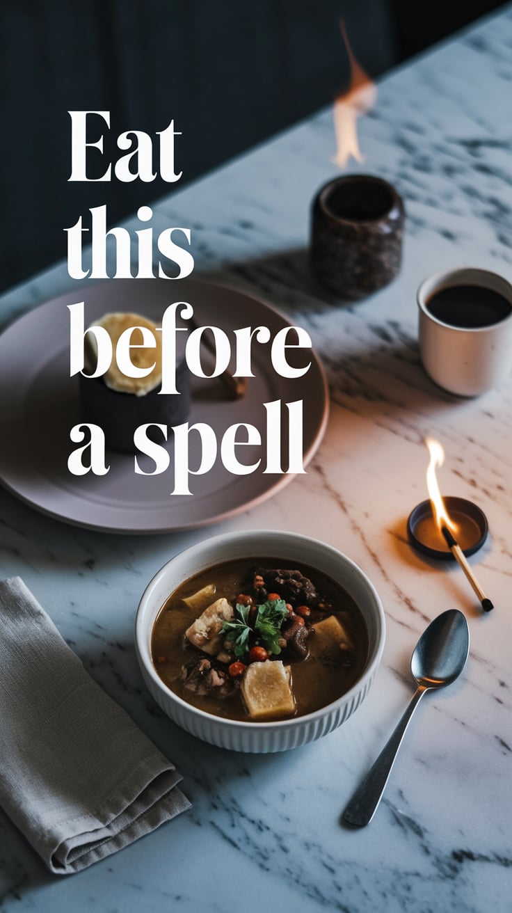 Eat This Before a Spell A dramatic image of stew on a marble counter, lit from above with soft overhead light. Everything is precise and curated: spoon, linen napkin, a lit match just finished burning out. The mood is airy and modern, almost editorial. Text is all lowercase, thin sans serif in muted rose gold, placed diagonally in the bottom corner—like a quiet warning.