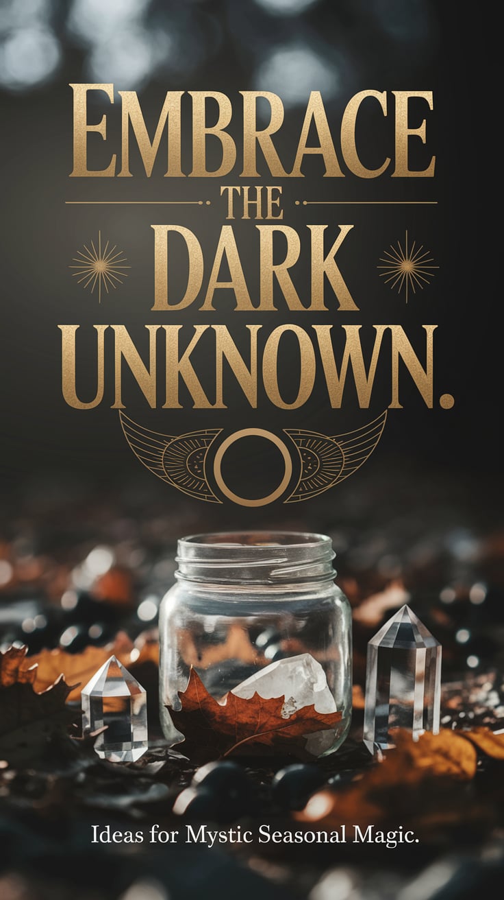 A softly lit scene with a jar nestled among fallen leaves and crystals, revealing an intricate moon phase symbol behind it. Large, bold font in gold: "Embrace the dark unknown." The contrast makes it stand out. Smaller text: "Ideas for mystic seasonal magic." Invites exploration into secrets.