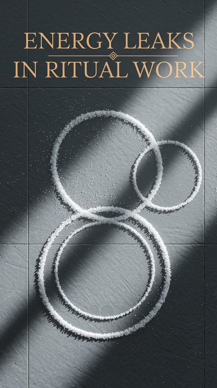 Three overlapping circles drawn in salt on a gray stone floor, but one is slightly off-center. The lighting is angled, casting long shadows and emphasizing the misalignment. Text is candlelight gold, minimalist and geometric, centered at the top.