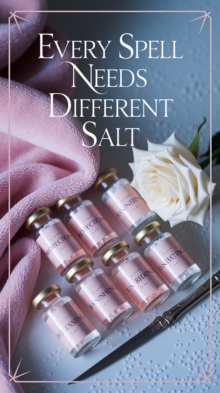 Every Spell Needs Different Salt A pink velvet altar cloth folds gently beneath a collection of labeled glass salt vials: “Protection,” “Banishing,” “Love Binding,” “Uncrossing.” Each vial glows faintly under subtle backlight. In the corner, a white tea rose and a thin silver blade lie parallel. Feminine beauty and sharp intention coexist here—like a whisper that could cut.