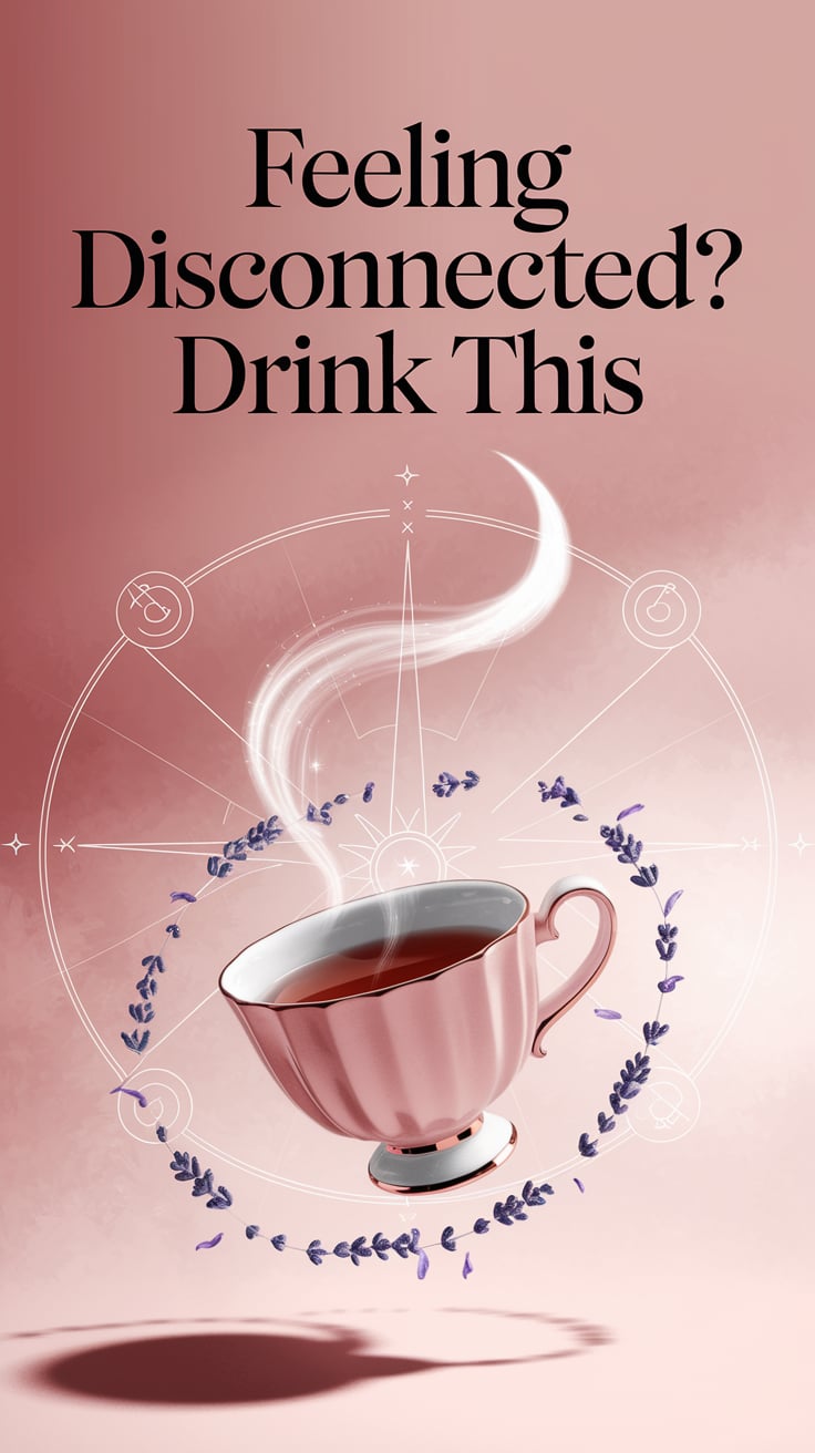 A pale rose porcelain teacup floats midair, steam rising in a graceful spiral that subtly forms a crescent moon. Around the cup, a delicate shimmer of tiny stars and lavender petals swirls. Background: blush pink fading into soft cream with barely-there sigils embedded in the mist. Text is bold serif, dusty rose with a drop shadow for depth.