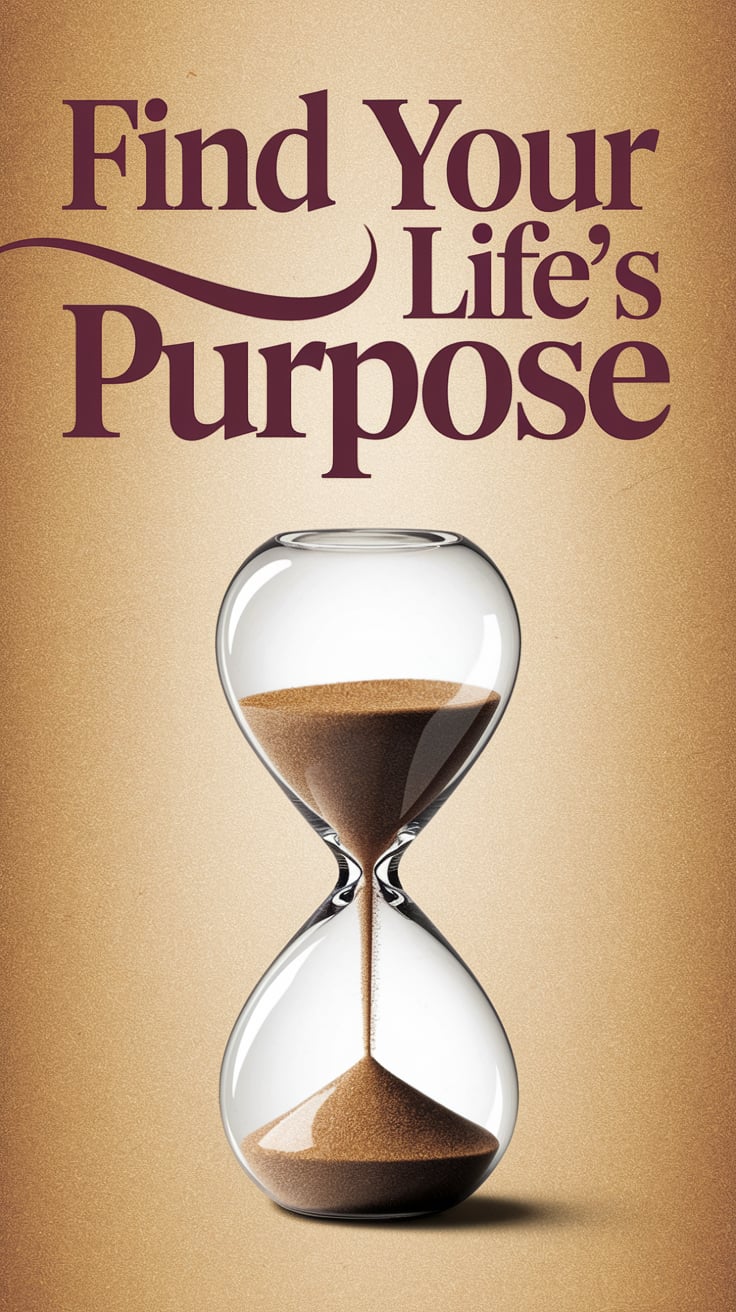 Find Your Lifes Purpose A minimalist hourglass at the center, half-full with fine amber sand. The background is warm wheat with subtle grain texture. “Find Your Life’s Purpose” in large, dusky plum text curves gently along the top.