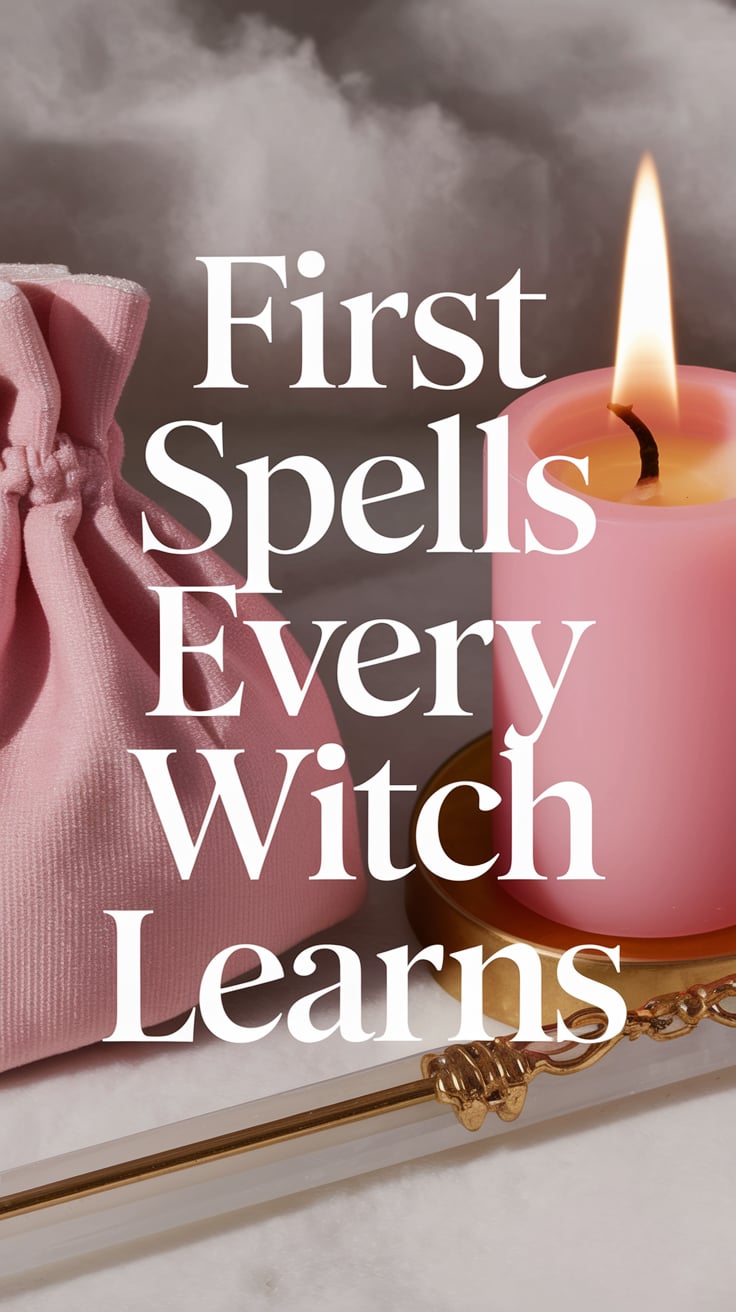 First Spells Every Witch Learns A pink candle burns gently beside a blush velvet pouch and selenite wand. Background is cloud-soft, almost glowing. Font is clean serif in warm white, all-caps, spaced slightly and centered.