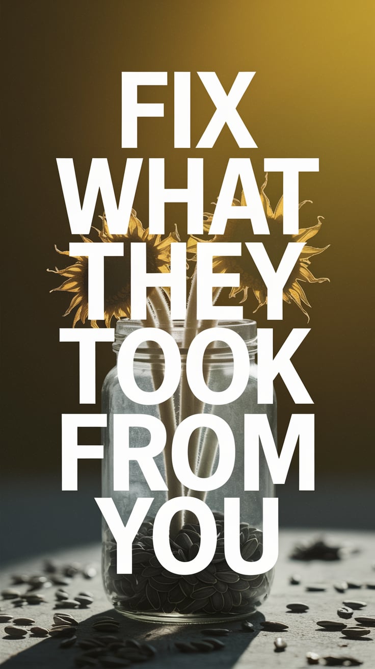 A slightly dimmed yellow background, almost dusk-toned. In the center, a glass jar with sunflower seeds and wilted petals, frozen in a sunbeam. The text is stark white, massive and crisp, as if it’s the only thing trying to save you from whatever drained you.