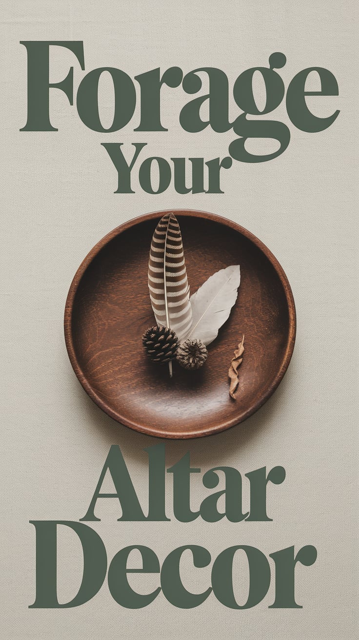 A small cluster of found objects—a feather, a pinecone, and a dry leaf—resting in the center of a round wooden plate. The plate sits on neutral linen with visible weave. The text is bottom-aligned, large serif in earthy sage green, creating a gentle frame around the composition.